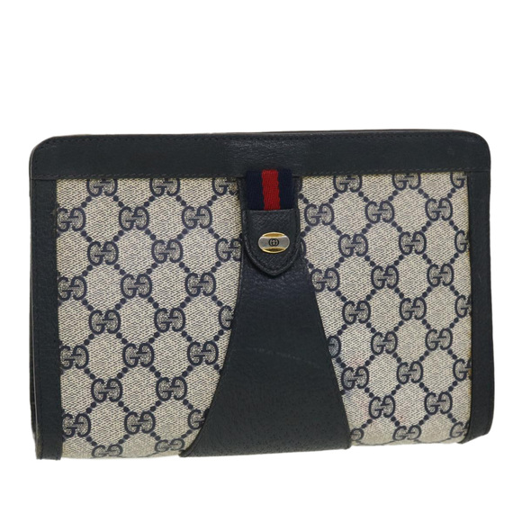 GUCCI GG Canvas Sherry Line Clutch Bag PVC Leather Gray Red Navy Auth th3543 - Picture 1 of 16